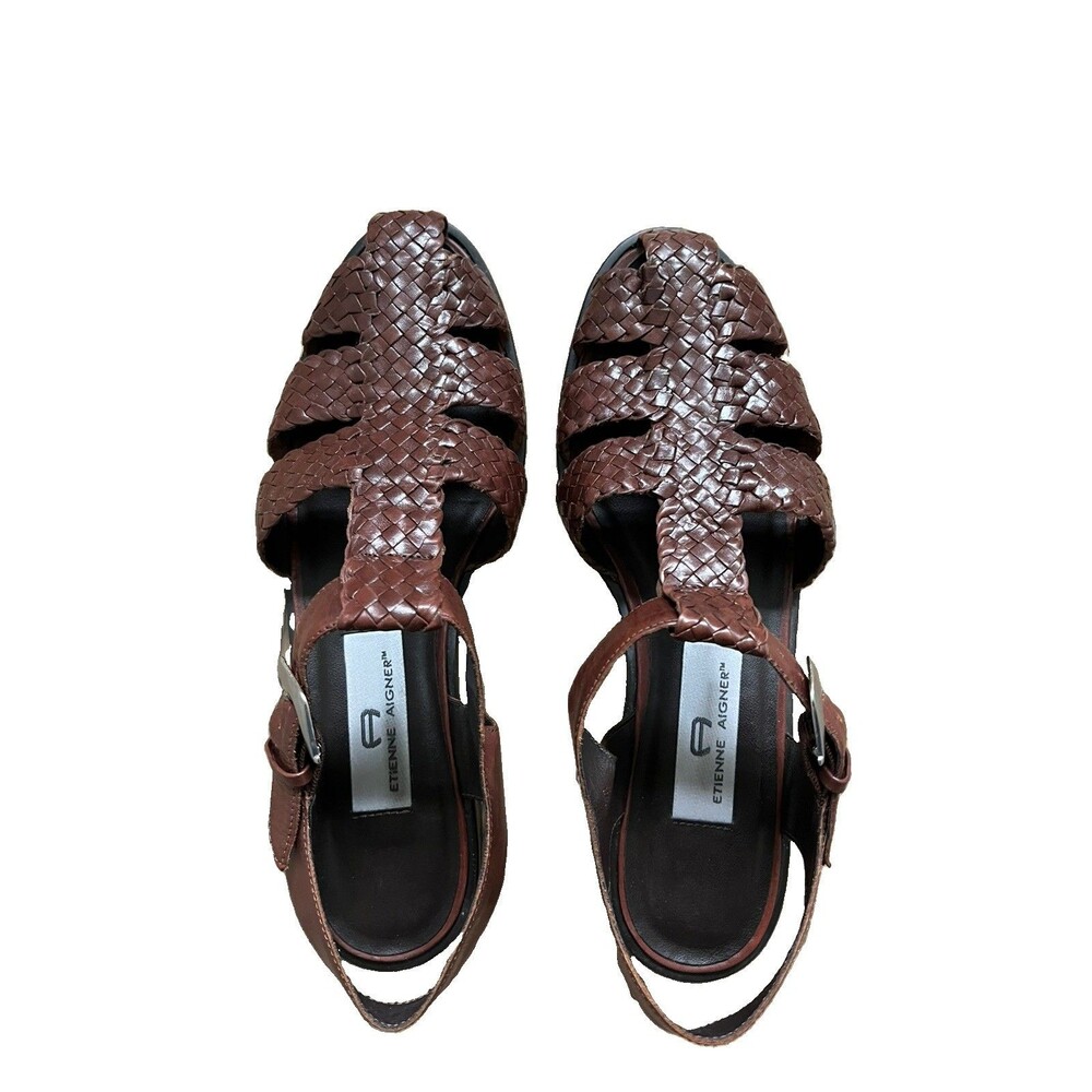 Etienne Aigner Fisherman T-Strap Braided Leather Brown Sandals Size 7M